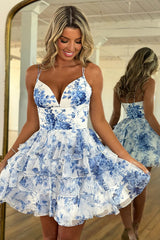 Dreamyannie Blue Floral Ruffled Homecoming Dresses Tiered Spaghetti Straps Short Cocktail Dresses