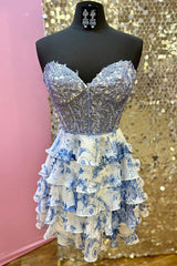 Dreamyannie Blue Floral Ruffled Tiered A Line Homecoming Dresses Short Cocktail Dresses With Lace