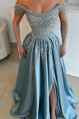 Dreamyannie Blue Prom Dress A Line Off The Shoulder Pearls Rhinestones Formal Dress With Slit