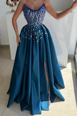 Dreamyannie Blue Prom Dress A Line Strapless Beading Formal Dress With Slit