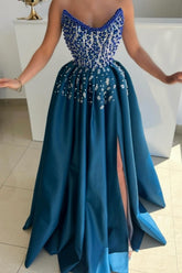 Dreamyannie Blue Prom Dress A Line Strapless Beading Formal Dress With Slit