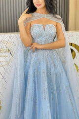 Dreamyannie Blue Prom Dress A Line Strapless Sequined Floor Length Tulle Formal Dress With Cloak