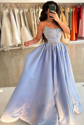 Dreamyannie Blue Prom Dress A Line Strapless Sleeveless Sequined Beaded Satin Formal Dress With Rhinestones And Pearls