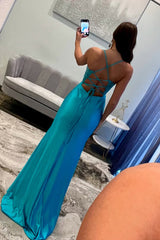 Dreamyannie Blue Prom Dress Appliqued Spaghetti Straps Long Formal Dress With Slit