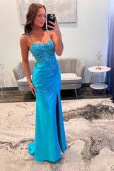 Dreamyannie Blue Prom Dress Appliqued Spaghetti Straps Long Formal Dress With Slit