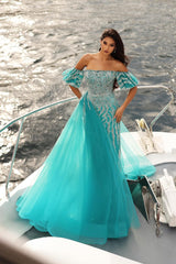 Dreamyannie Blue Prom Dress Column Strapless Off The Shoulder Sleeveless Sequined Panel Train Tulle Formal Dress