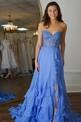 Dreamyannie Blue Prom Dress Corset Ruffled Chiffon Long Formal Dress With Slit