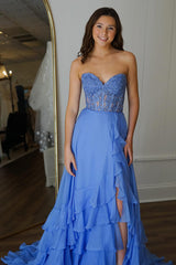 Dreamyannie Blue Prom Dress Corset Ruffled Chiffon Long Formal Dress With Slit