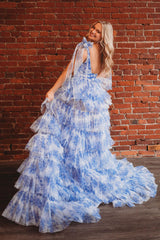 Dreamyannie Blue Prom Dress Floral A-Line Ruffled Tie-Strap Long Formal Dress With Slit