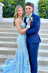 Dreamyannie Blue Prom Dress Floral Mermaid Spaghetti Straps Long Formal Dress