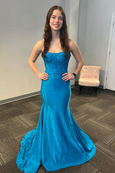 Dreamyannie Blue Prom Dress Mermaid Beaded Strapless Long Formal Dress