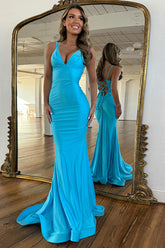 Dreamyannie Blue Prom Dress Mermaid Lace-Up Back Long Formal Dress