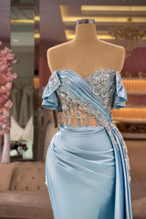 Dreamyannie Blue Prom Dress Mermaid Sweetheart Strapless Beaded Satin Panel Train Formal Dress With Slit