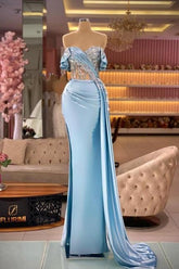 Dreamyannie Blue Prom Dress Mermaid Sweetheart Strapless Beaded Satin Panel Train Formal Dress With Slit