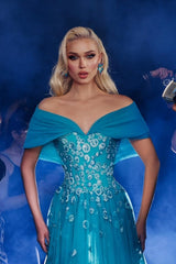Dreamyannie Blue Prom Dress Off The Shoulder A Line Sleeveless Tulle Formal Dress With Appliques
