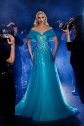 Dreamyannie Blue Prom Dress Off The Shoulder A Line Sleeveless Tulle Formal Dress With Appliques