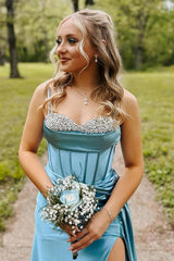 Dreamyannie Blue Prom Dress Rhinestones Wrap Ruched Satin Long Mermaid Formal Dress With Slit