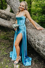 Dreamyannie Blue Prom Dress Rhinestones Wrap Ruched Satin Long Mermaid Formal Dress With Slit