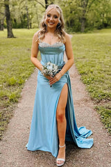 Dreamyannie Blue Prom Dress Rhinestones Wrap Ruched Satin Long Mermaid Formal Dress With Slit
