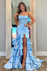 Dreamyannie Blue Prom Dress Ruffled Mermaid Long Lace Satin Formal Dress With Slit