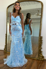 Dreamyannie Blue Prom Dress Sequined Long Mermaid Formal Dress With Bow