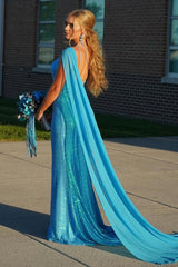 Dreamyannie Blue Prom Dress Sequined Mermaid One Shoulder Long Formal Dress With Slit