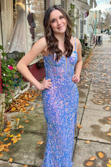Dreamyannie Blue Prom Dress Sequined Mermaid Tassels Spaghetti Straps Long Formal Dress With Slit
