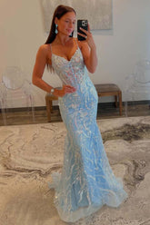 Dreamyannie Blue Prom Dress Spaghetti Straps Corset Mermaid Tulle Formal Dress
