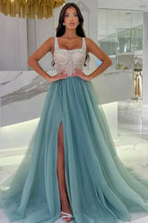 Dreamyannie Blue Prom Dress Square Neck A Line Sleeveless Floor Length Tulle Formal Dress With Slit