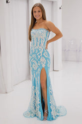 Dreamyannie Blue Prom Dress Strapless Mermaid Formal Dress With Slit