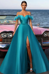 Dreamyannie Blue Prom Dress Sweetheart A Line Off The Shoulder Sleeveless Backless Satin Formal Dress With Slit