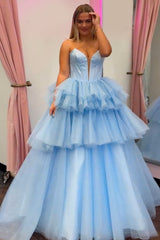 Dreamyannie Blue Prom Dress Tiered A-Line Sweetheart Long Formal Dress