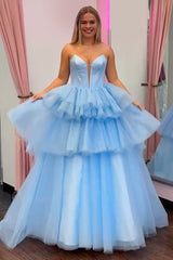 Dreamyannie Blue Prom Dress Tiered A-Line Sweetheart Long Formal Dress