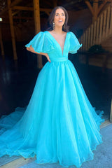 Dreamyannie Blue Prom Dress V-Neck A Line Ruched Formal Dress With Puff Sleeves