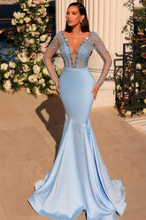 Dreamyannie Blue Prom Dress V Neck Lace Beading Mermaid Formal Dress With Sleeves