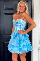 Dreamyannie Blue Tiered Homecoming Dresses Corset Short Cocktail Dresses With Beading