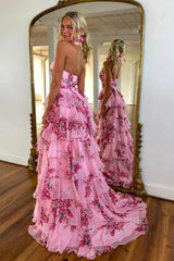 Dreamyannie Blush Prom Dress Floral Ruffled Halter Formal Dress With Slit