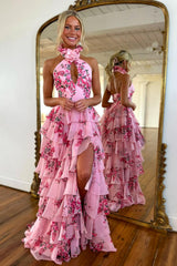 Dreamyannie Blush Prom Dress Floral Ruffled Halter Formal Dress With Slit