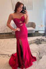 Dreamyannie Red Prom Dress Mermaid Hollow Out Sweetheart Formal Dress With Slit