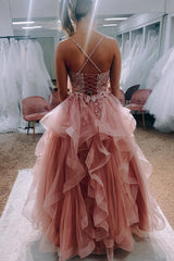 Dreamyannie Blush Prom Dress Ruffled Long Formal Dress With Lace