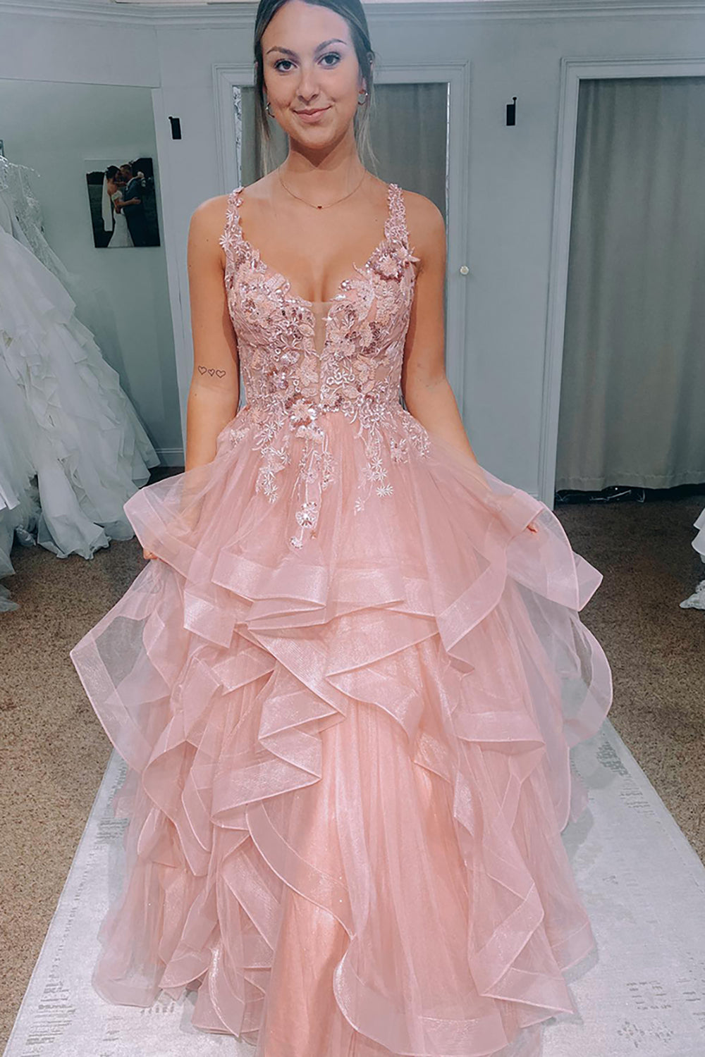 Dreamyannie Blush Prom Dress Ruffled Long Formal Dress With Lace