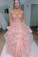 Dreamyannie Blush Prom Dress Ruffled Long Formal Dress With Lace