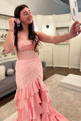 Dreamyannie Blush Prom Dress Ruffled Mermaid Long Lace Satin Formal Dress With Slit