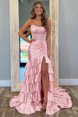 Dreamyannie Pink Prom Dress Ruffled Mermaid Long Satin Formal Dress With Slit