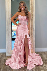 Dreamyannie Pink Prom Dress Ruffled Mermaid Long Satin Formal Dress With Slit