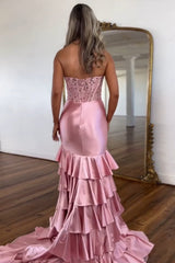 Dreamyannie Blush Prom Dress Tiered Mermaid Long Formal Dress With Slit