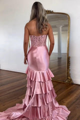 Dreamyannie Blush Prom Dress Tiered Mermaid Long Formal Dress With Slit