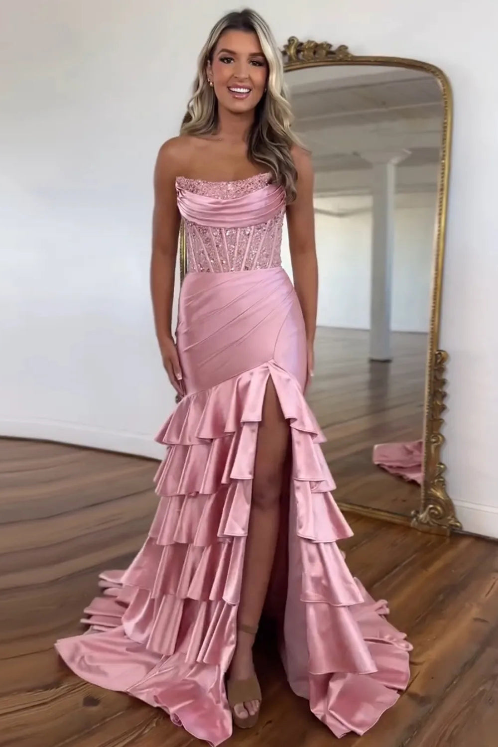 Dreamyannie Blush Prom Dress Tiered Mermaid Long Formal Dress With Slit