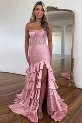 Dreamyannie Blush Prom Dress Tiered Mermaid Long Formal Dress With Slit