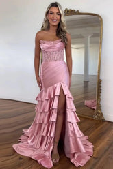 Dreamyannie Blush Prom Dress Tiered Mermaid Long Formal Dress With Slit